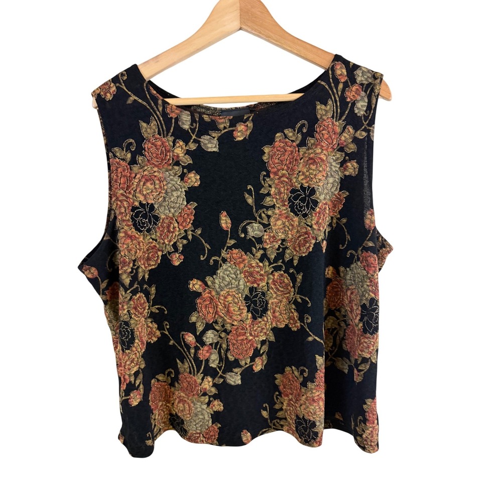 Dressbarn Floral Sleeveless Top Women 22W/24W Black Gold Metallic Rose